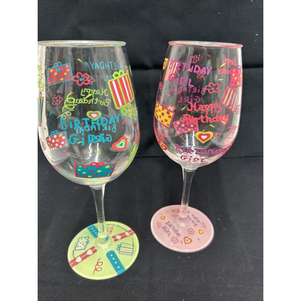 2 Lolita Birthday Girl Wine Glass With Drink Recipes On Bottom Hand Painted.